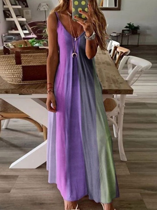 V-Neck Straps Color Block Maxi Dress