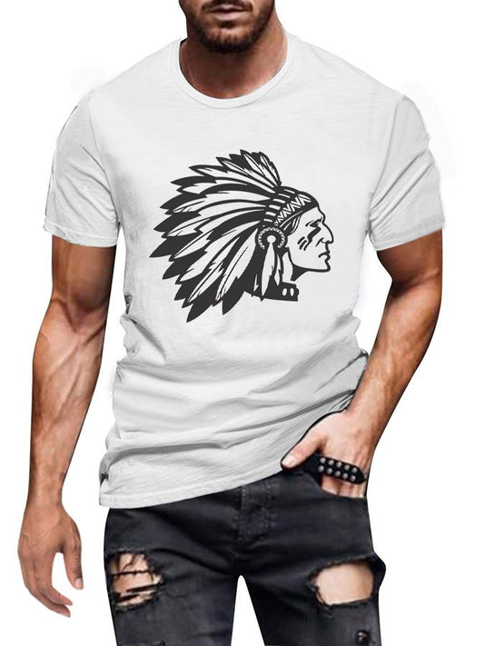 Men's Indian Head Western Print Crew Neck Short Sleeve T-Shirt