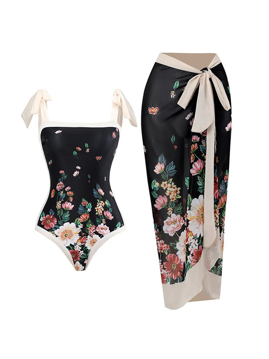 Women&#039;s Vintage Floral Print One-Piece Swimsuit Set