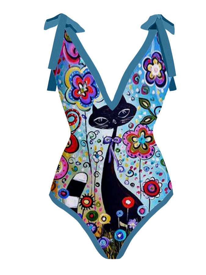 Fashion Cat Print V-Neck One-Piece Swimsuit Set