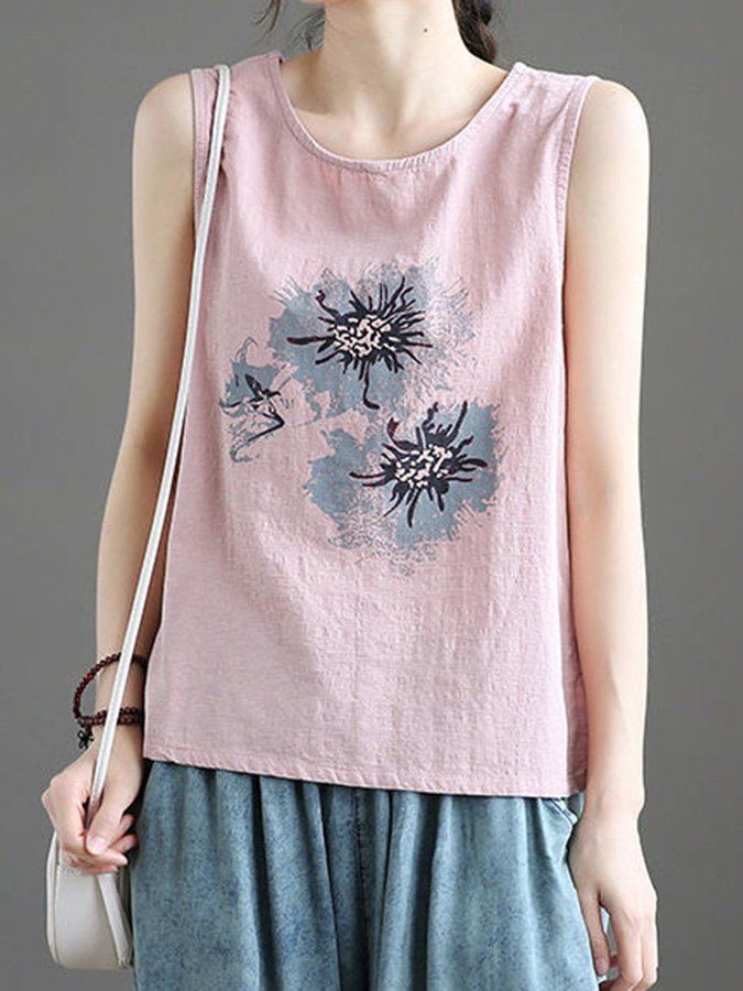 Ladies Cotton Linen Print Sleeveless Top