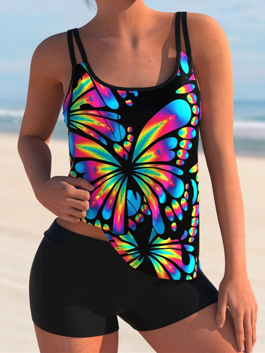 Double Straps Butterfly Print Tankini Set