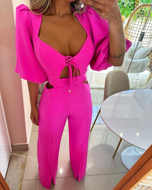 Casual Solid Color V-neck Jumpsuit