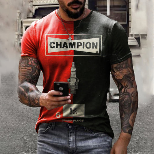 Men's retro spark plug print T-shirt