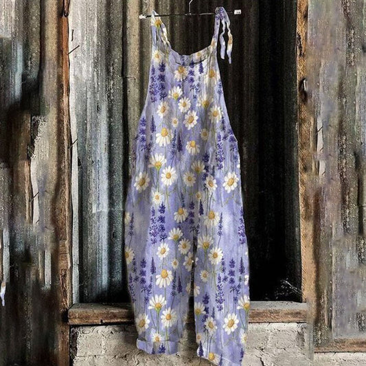 Ladies Casual Daisy Print Cotton Linen Jumpsuit