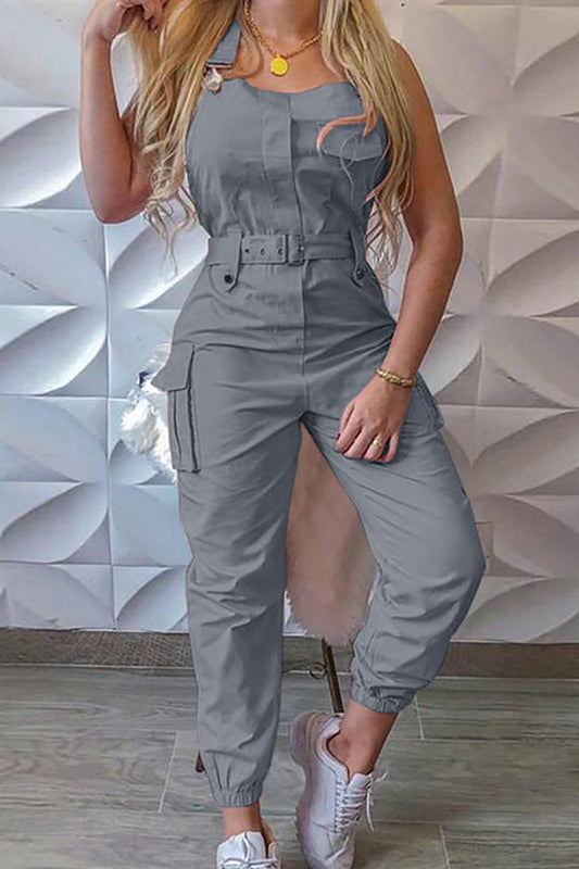 Pocket Buckle Design Cargo Suspender Jumpsuit