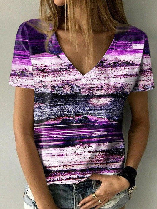 Fashion V-Neck Short Sleeve Abstract Print Top