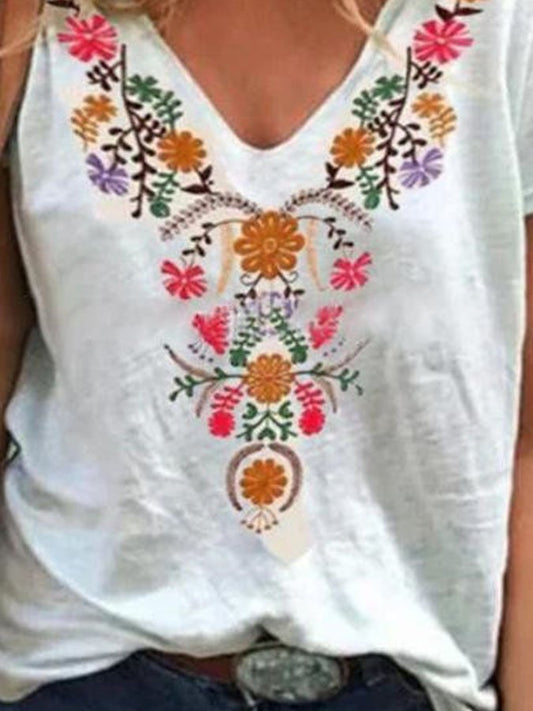 Vintage Ethnic Floral Print V-Neck T-Shirt