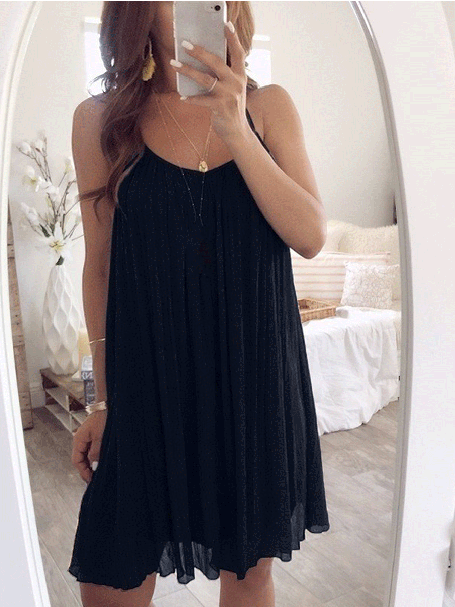 Solid Color Pleated Hem Chiffon Dress