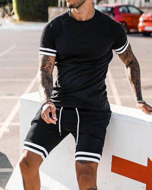 Black Crew Neck Striped Casual Short Suits