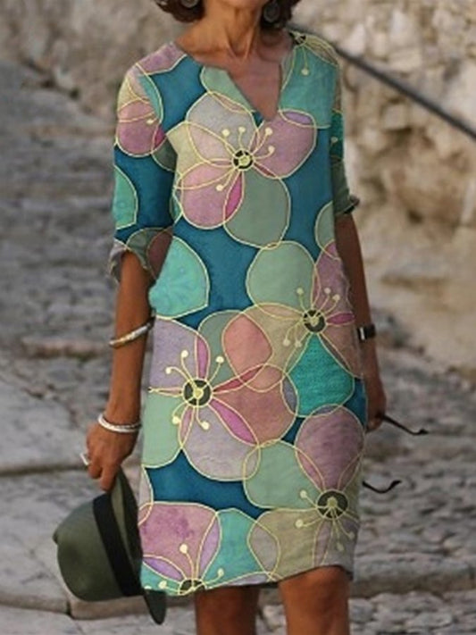 Floral Print V-Neck Loose Dress