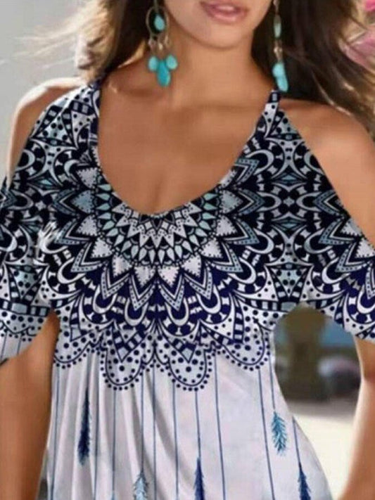 Ethnic Print Off-The-Shoulder Short-Sleeve Top