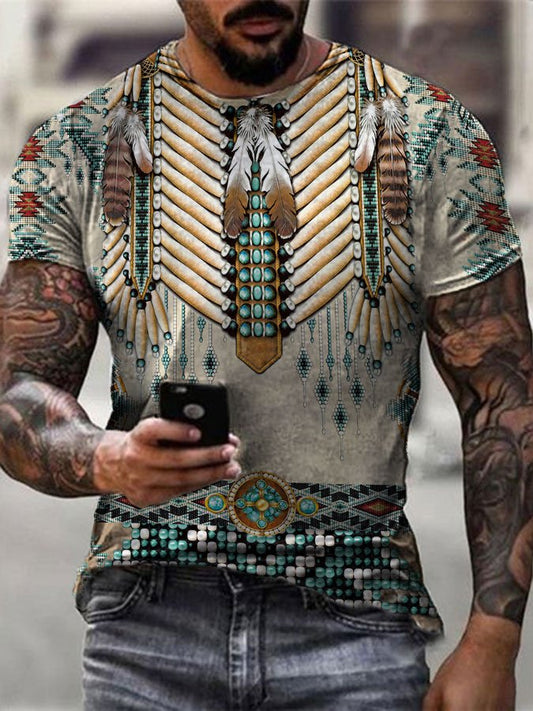 Men's Western Ethnic Print Crew Neck Short Sleeve T-Shirt