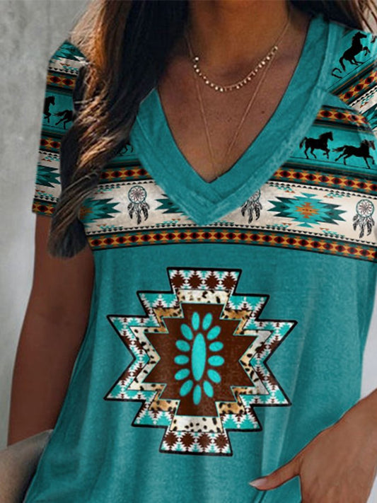 Western Vintage Print V-Neck T-Shirt