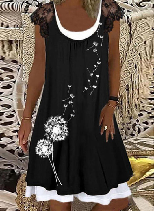 Color Block Lace Cap Sleeve Knee Length Dress