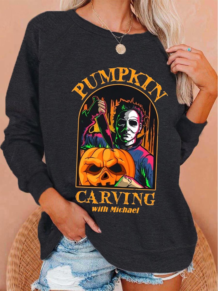 Women's Halloween Pumpkin Carving With Michael Print Top