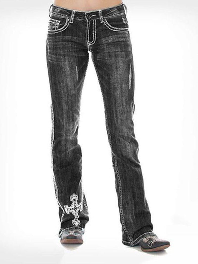 Cross embroidered slim-fit ladies denim trousers