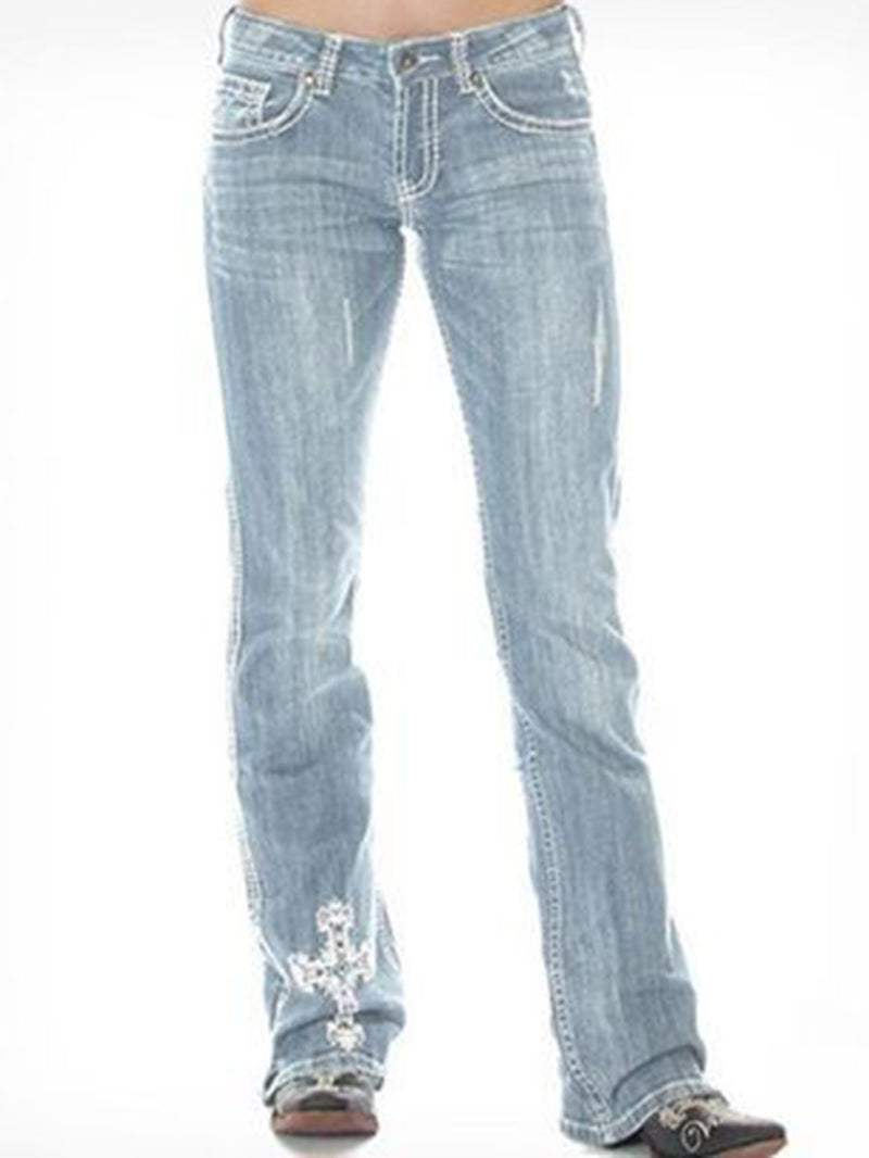 Cross embroidered slim-fit ladies denim trousers