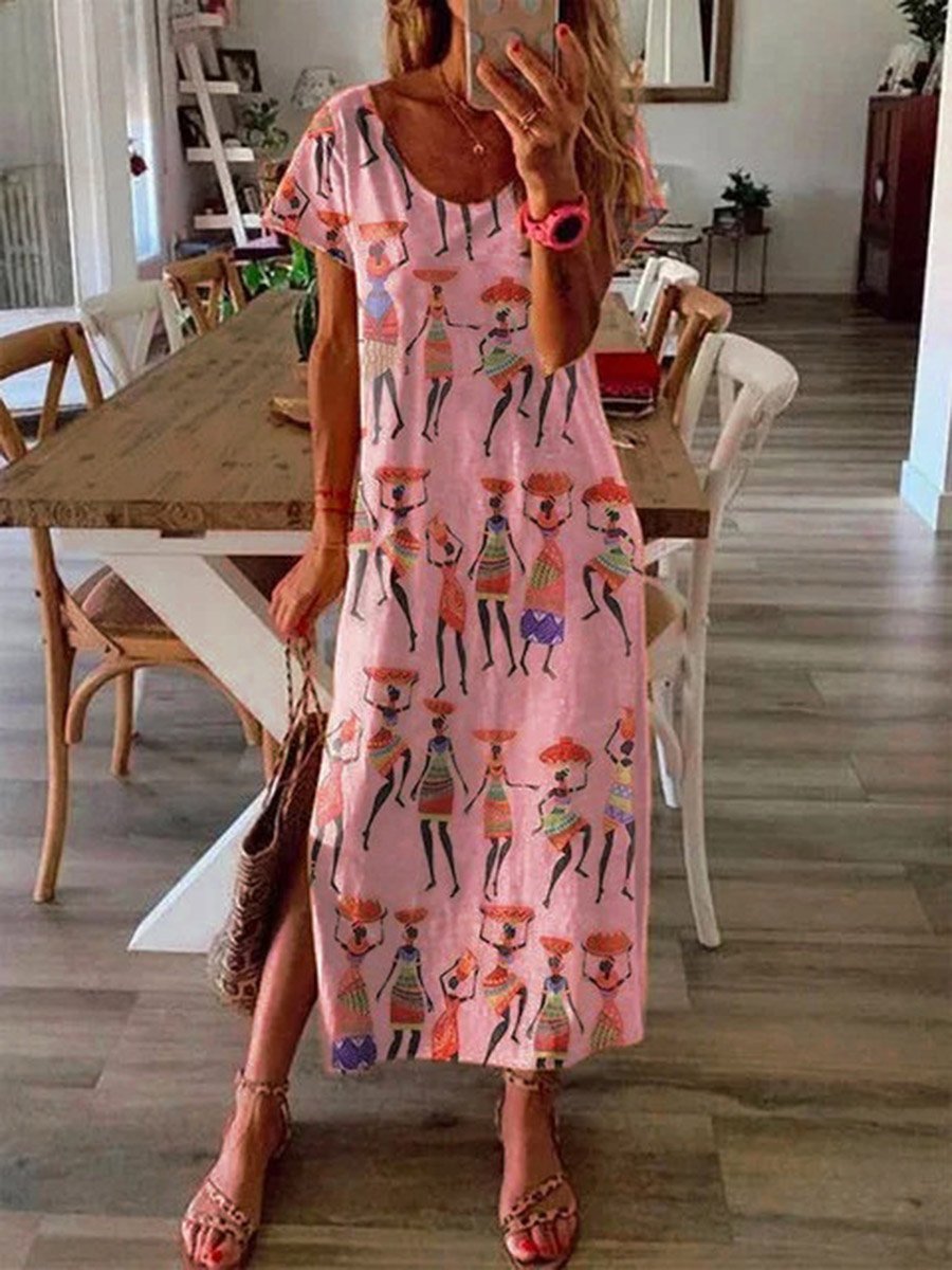 Vacation Style Short Sleeves Floral Dress