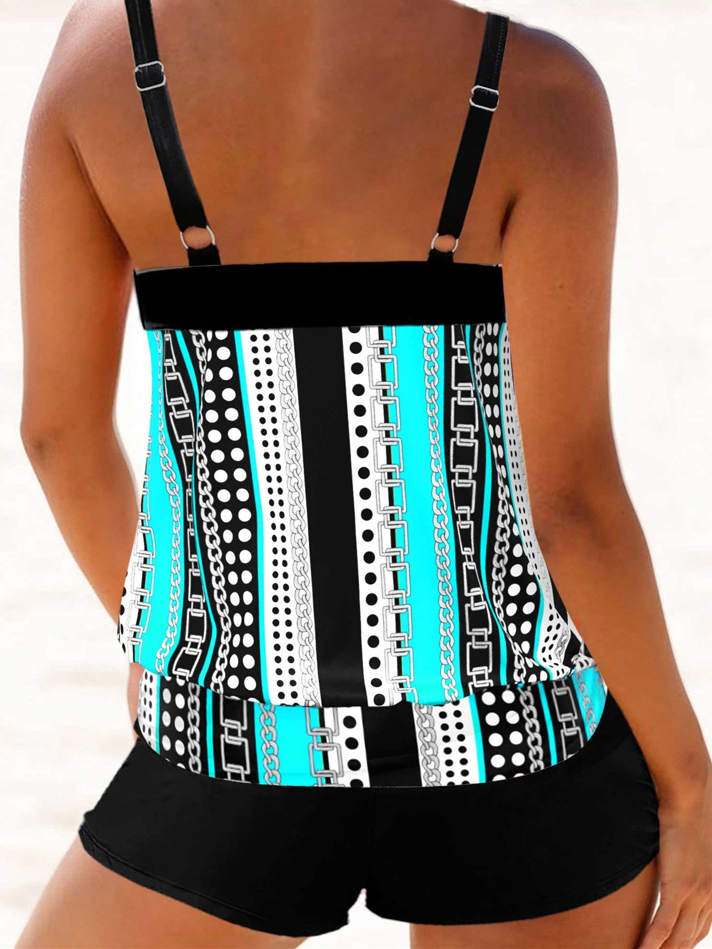 Striped Polka Dot Cyan Double Straps Tankini Set