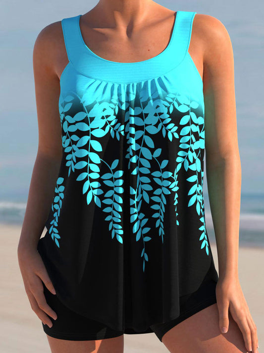 Leaf Print Ombre Color Block Tankini Set