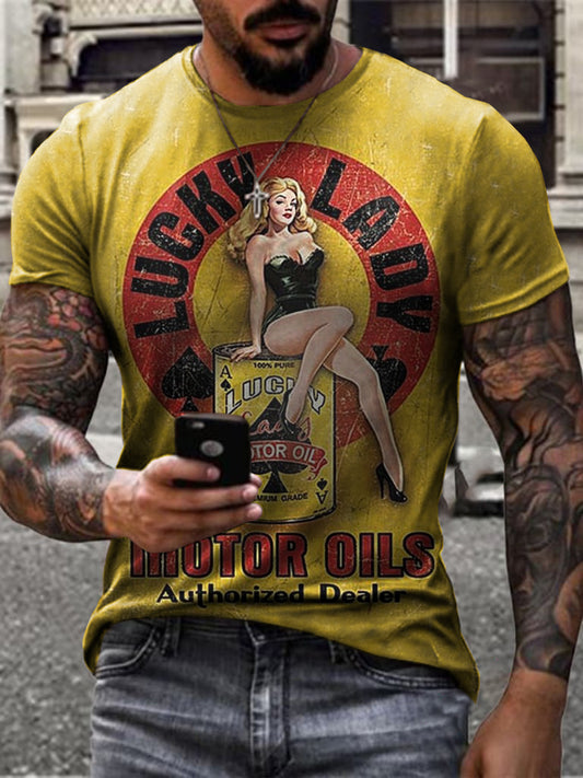 Retro casual engine oil print T-shirt