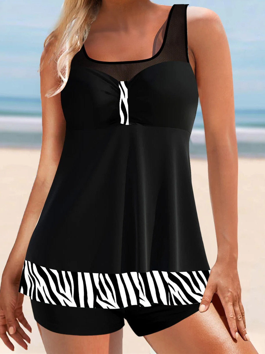 Zebra Print Mesh Stitching Black Tankini Set