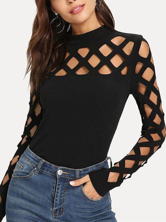 Sexy Black Geometric Cutout Top