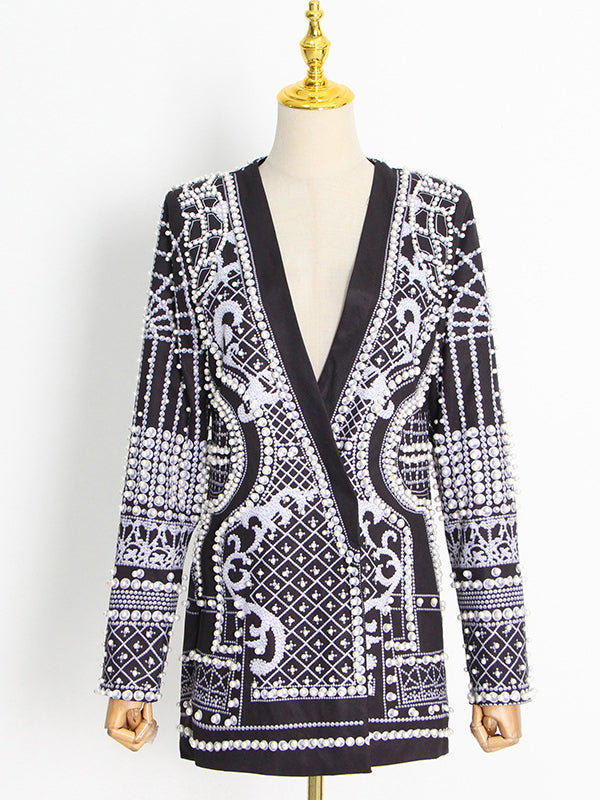 Original Creation Loose Long Sleeves Beads Printed V-Neck Blazer Outerwear