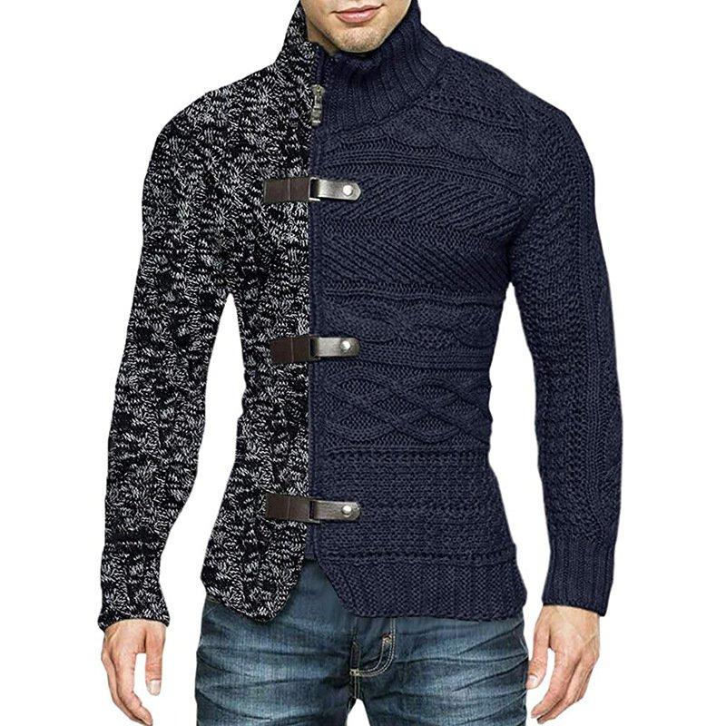 2022 autumn/winter turtleneck sweater men's color matching leather button long-sleeved knitted cardigan