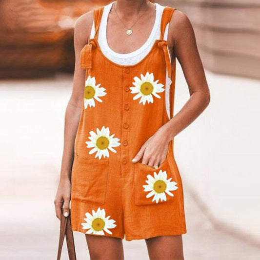 Sweet Daisy Pocket Cotton And Linen Shorts Jumpsuit