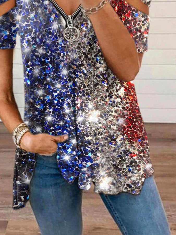 Stars And Stripes Print Off-The-Shoulder T-Shirt