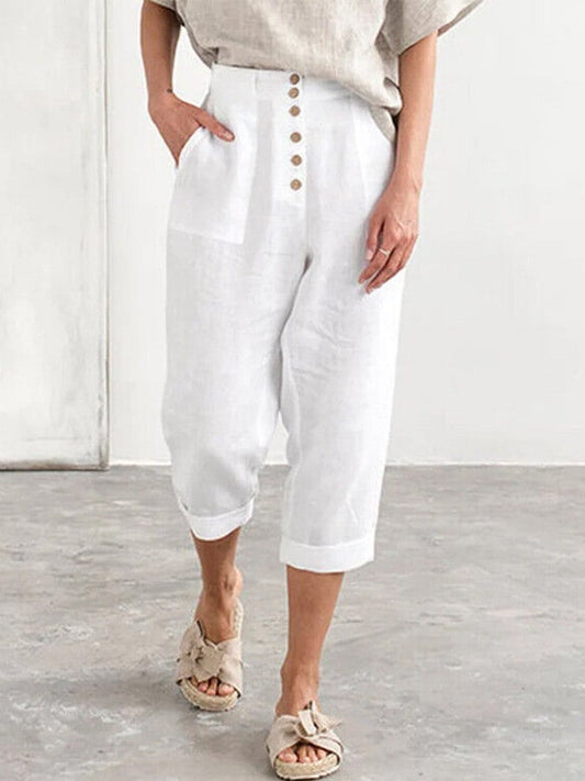 Women&#039;s Cotton Linen Pocket Button Cropped Pants