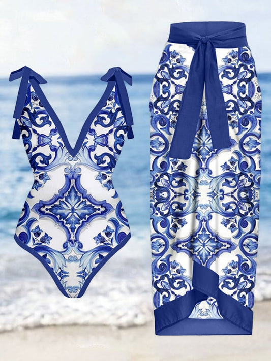 Fashion Vintage V-Neck Print One-Piece Swimsuit Set