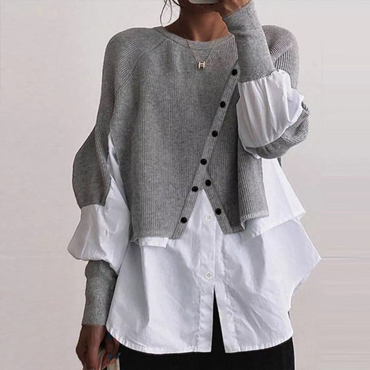 Gray Knit White Blouse Twofer Sweater