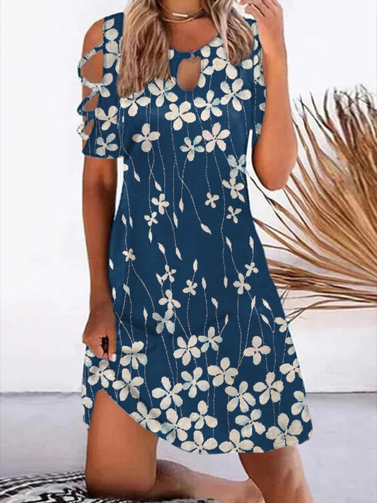 Floral Notched Short Sleeve Plus Size Casual Dress
