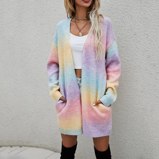 Rainbow Tie-dye Mid-length Cardigan Sweater Women's Loose Knitted Jacket