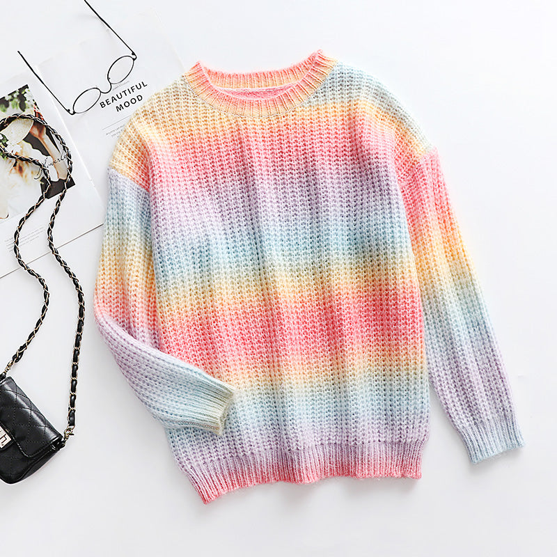 Pullover Striped Round Neck Knit Loose Plus Size Rainbow Ladies Sweater