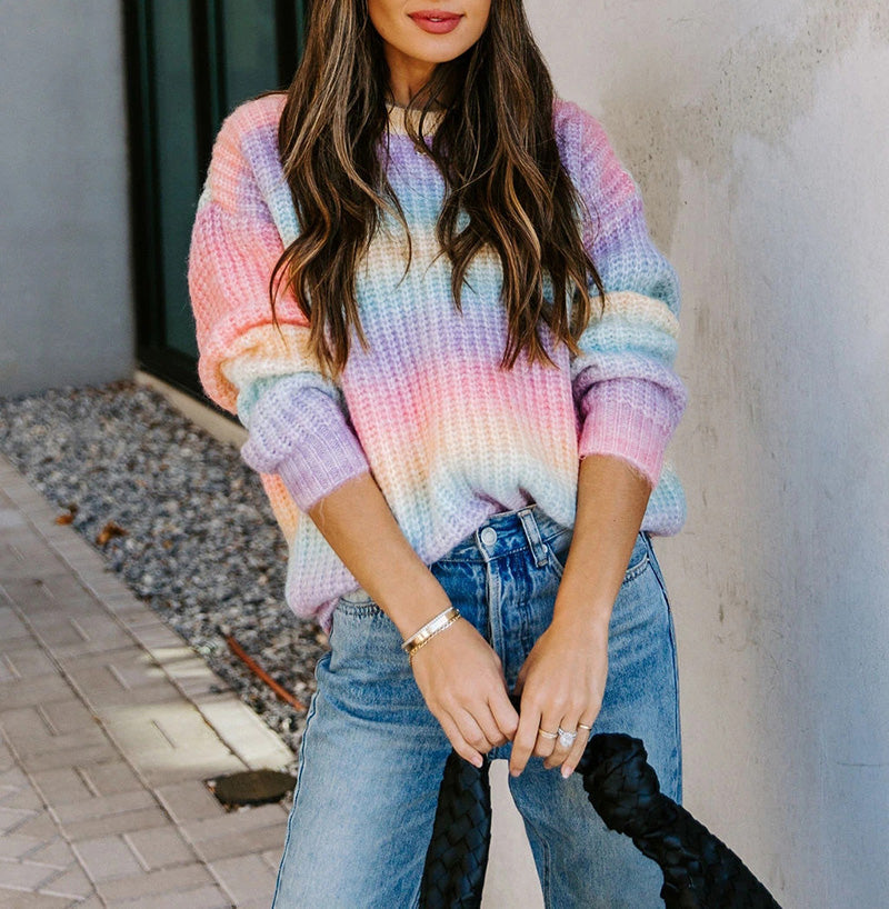 Pullover Striped Round Neck Knit Loose Plus Size Rainbow Ladies Sweater