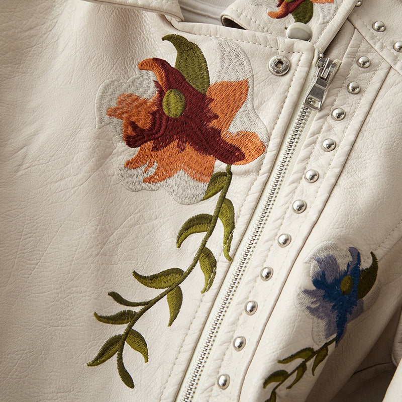 White Floral Leather Jacket