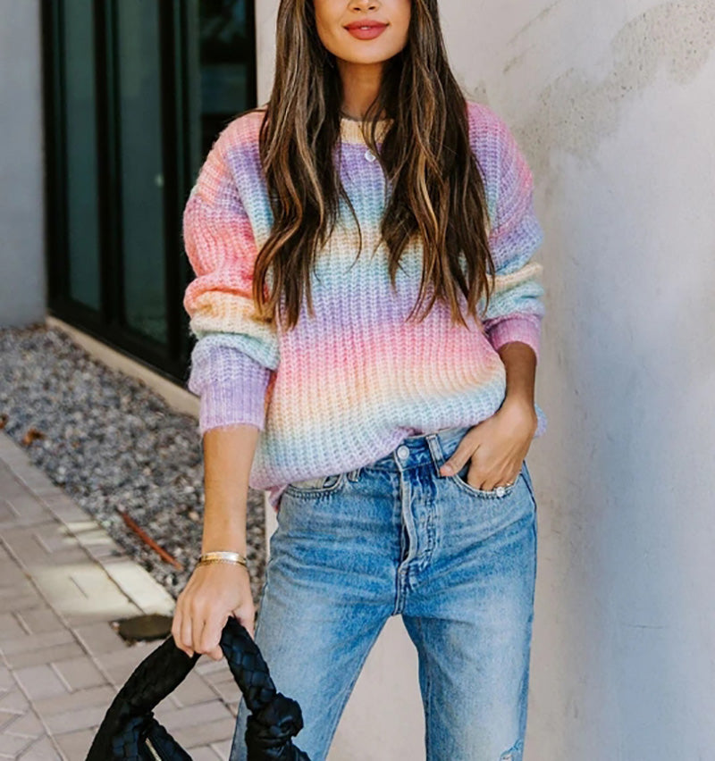 Pullover Striped Round Neck Knit Loose Plus Size Rainbow Ladies Sweater