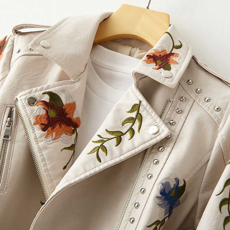 White Floral Leather Jacket