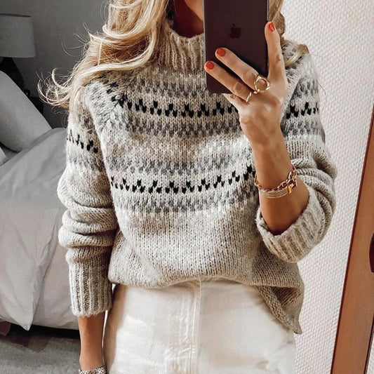 Modern Grey Print Round Neck Sweater