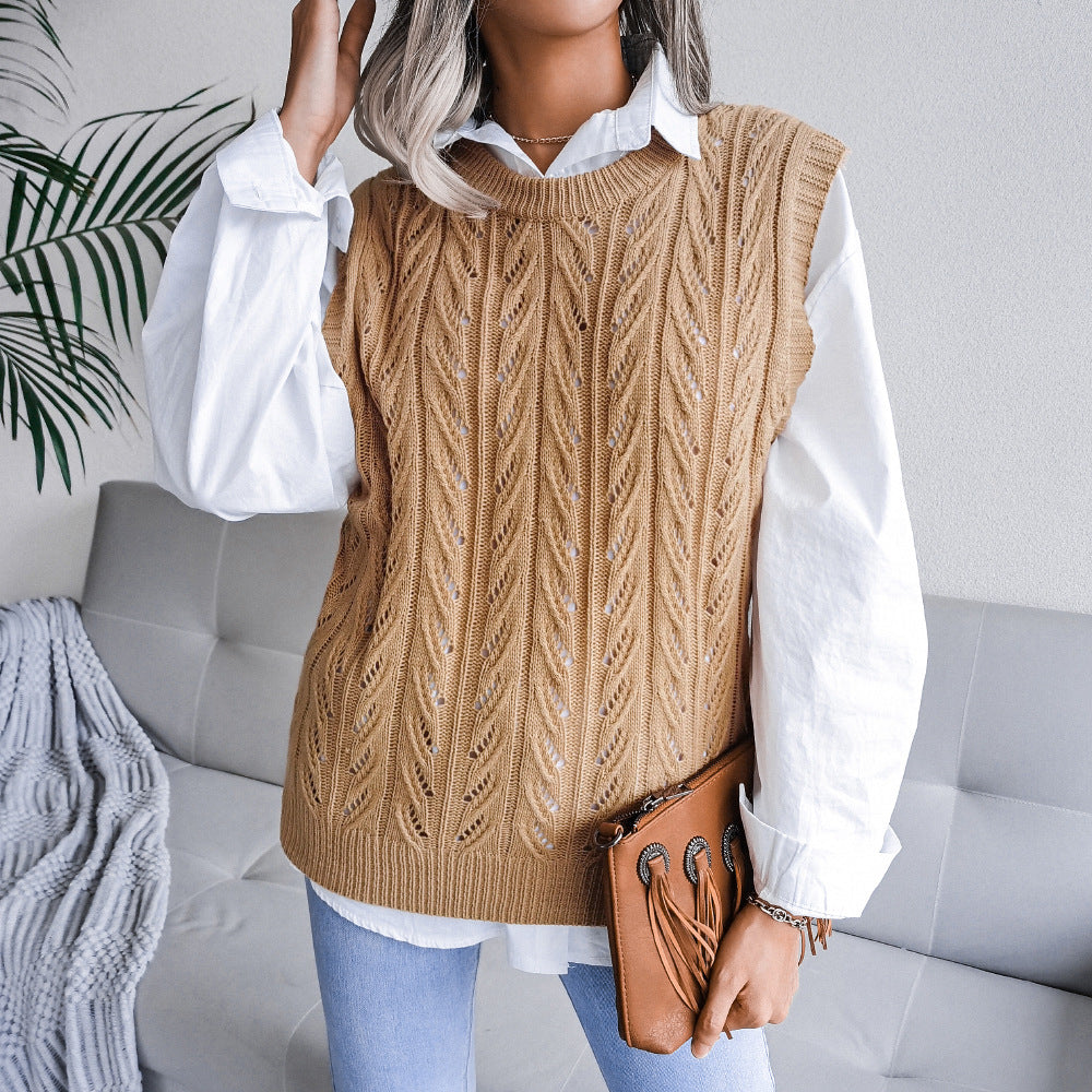 Solid Color Scoop Loose Hollow Sleeveless Fall Women's Sweater Knitted Vest