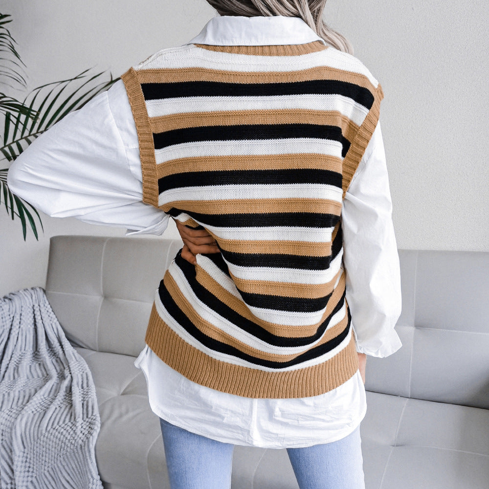 V Neck Loose Stripes Print Sleeveless Women's Sweater Knitted Vest