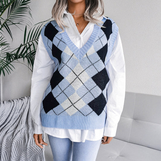 V Neck Loose Square Print Sleeveless Women's Sweater Knitted Vest