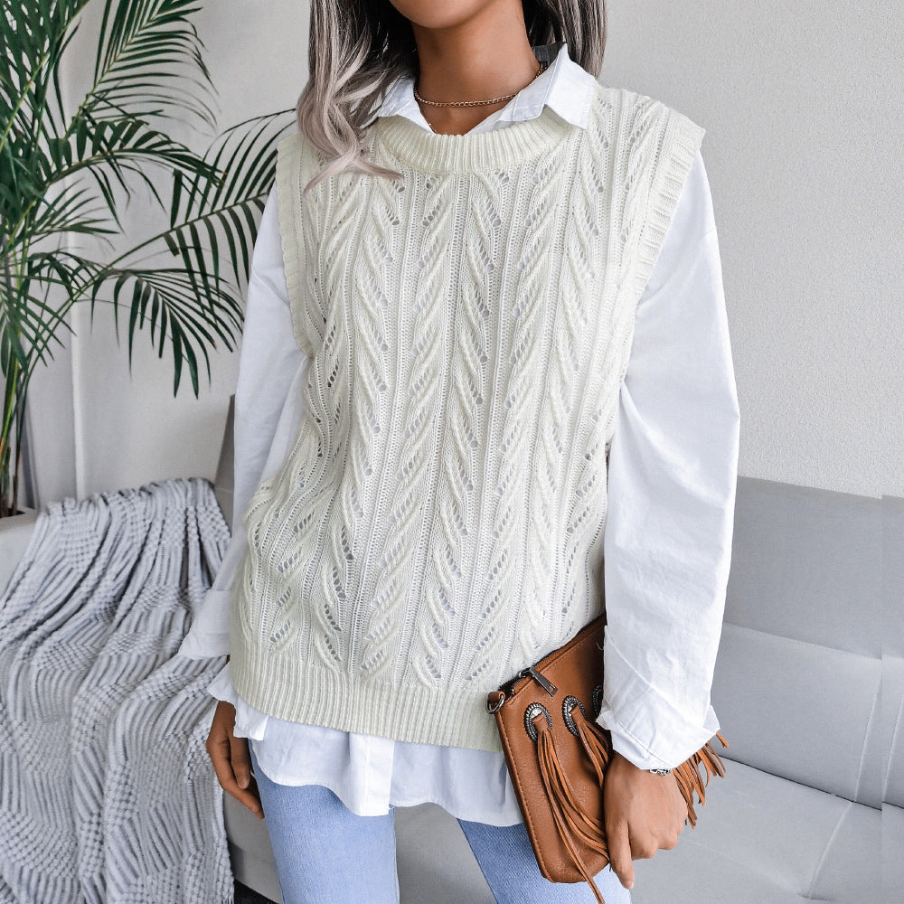 Solid Color Scoop Loose Hollow Sleeveless Fall Women's Sweater Knitted Vest