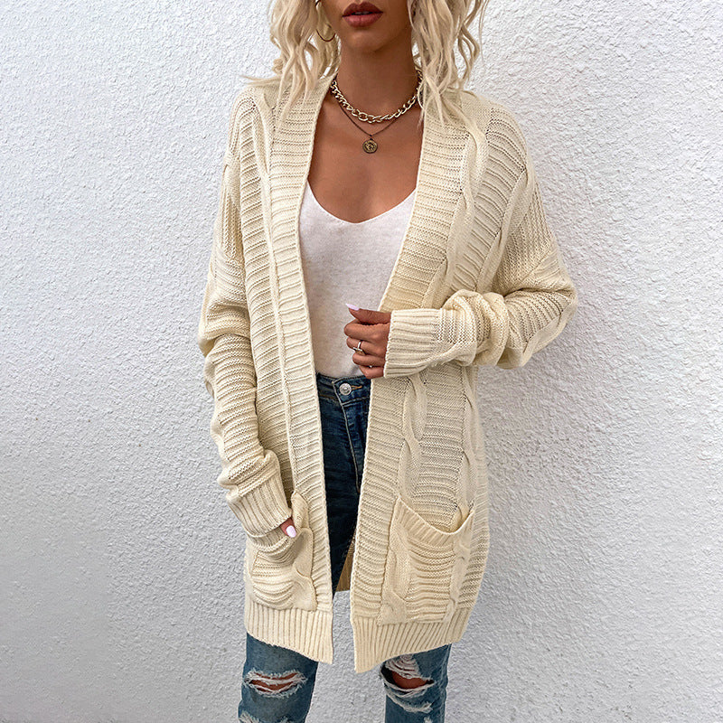 Plain Loose Pocket Mid-Length Fall Casual Women's Cardigan Sweater