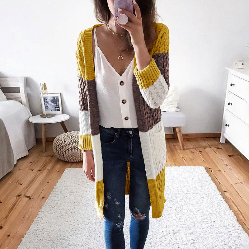 Middle Length Color Block Patchwork Loose Wrapped Women Cardigan Sweater