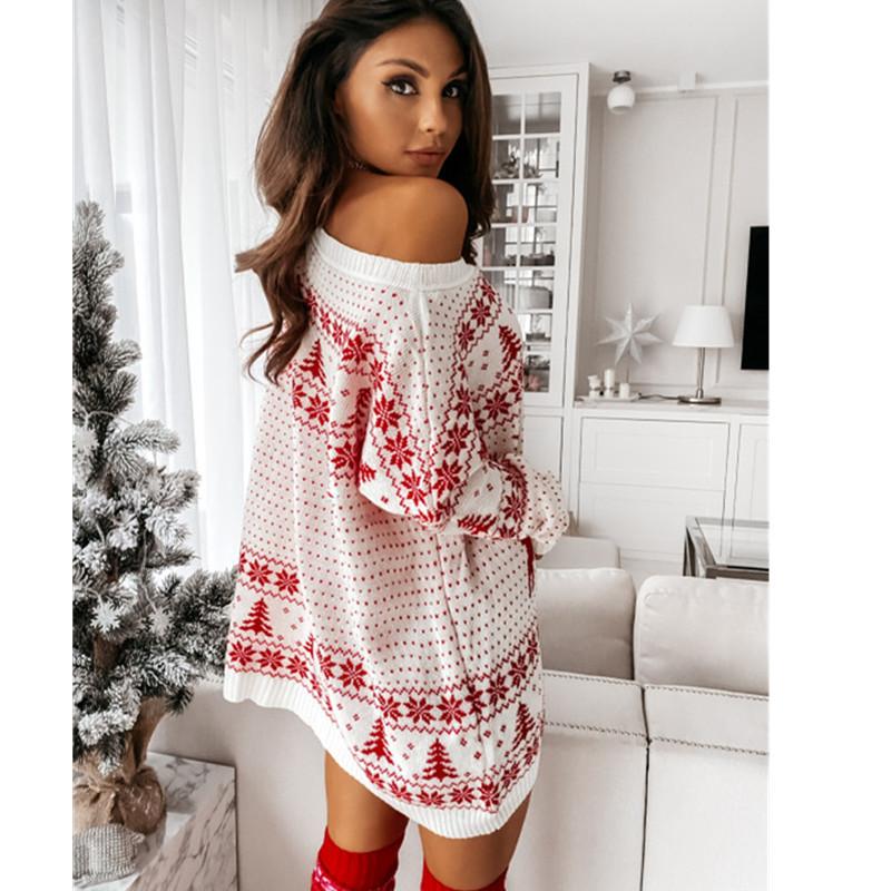 Christmas Trees Color Shoulder Long Sleeve Loose Knitting Mini Dress